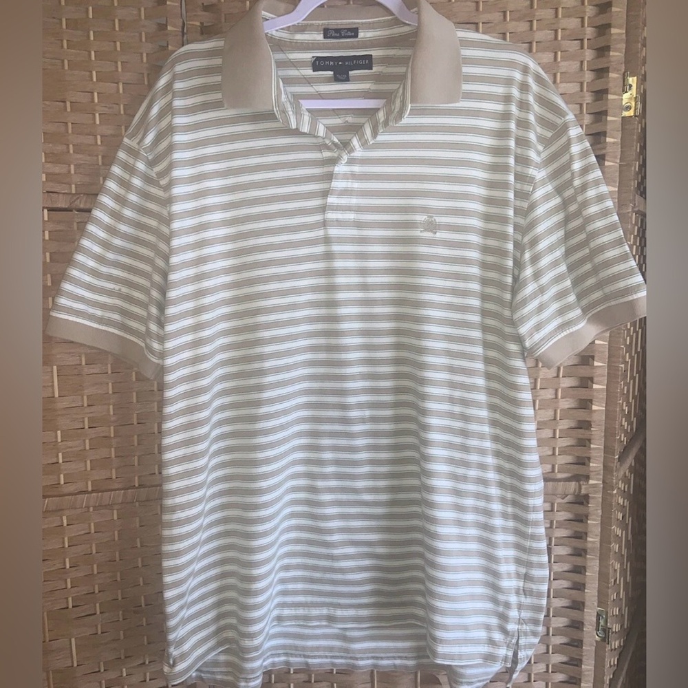 Tommy Hilfiger Beige and White Striped Polo